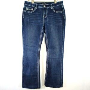 Love Indigo Bootcut Jeans Embroidered Cross Flap Pockets Glam 34x29 McBling Y2K